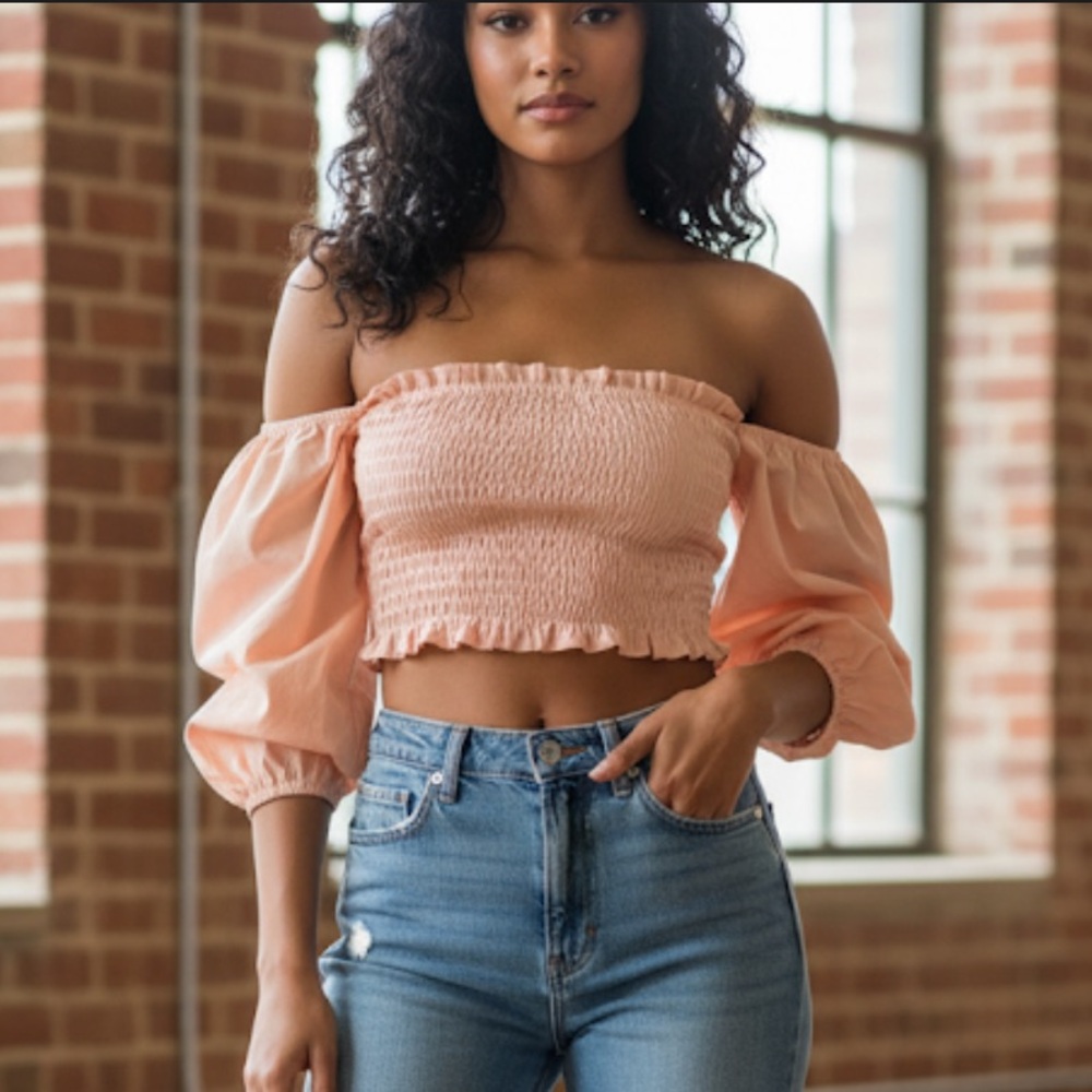 Pretty Little Thing Women Pink Off Shoulder Balloon Sleeve Cropped Top Size 4NWT
